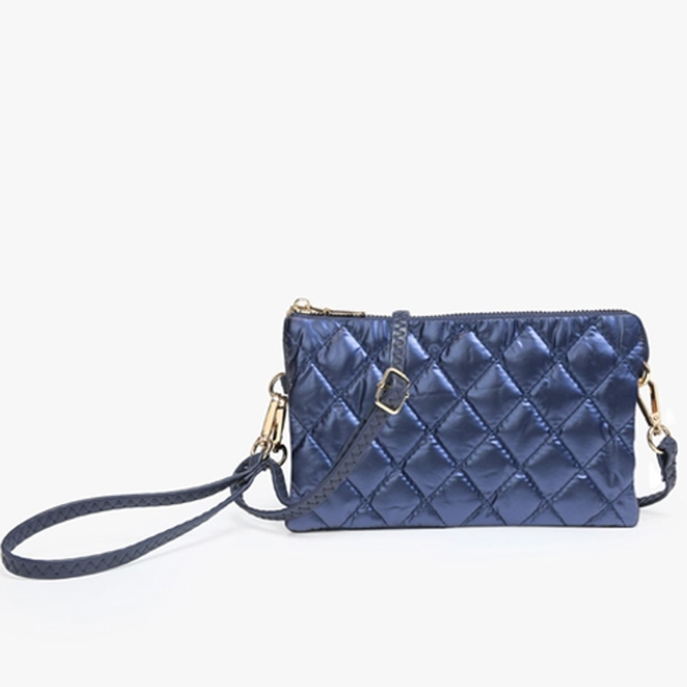 Nylon Puffer Quilted 3 Compartment Convertible Crossbody Wristlet Clutch Navy